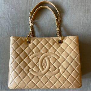 Chanel classic beige caviar grand shopping tote GST shoulder bag